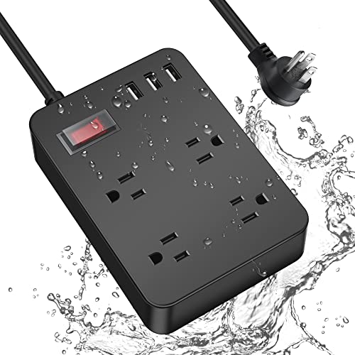 Outdoor Power Strip Weatherproof,Waterproof Surge Protector with 4 Outlets,3 USB,Shockproof Overload Protection, Multi Outlet Extension for Camping, Garden, Kitchen, Bathroom, 6ft Cord,with Flat Plug - color: Black