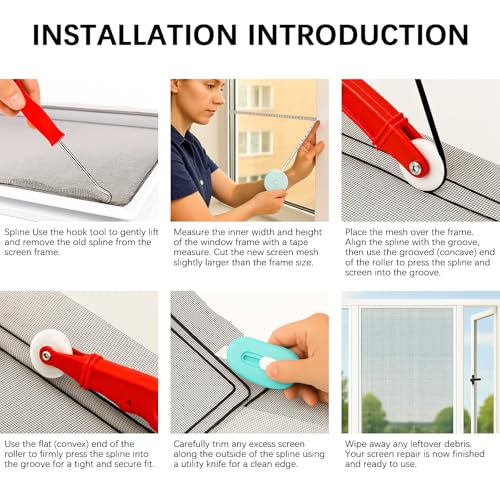 7-in-1 Window Screen Replacement Kit, Screen Patch Repair Kit with 47.2 "x118" Fiberglass Mesh/39.3FT Splines/10 Screens Repair Tape, Suitable for Sliding Screens Doors, Windows, etc