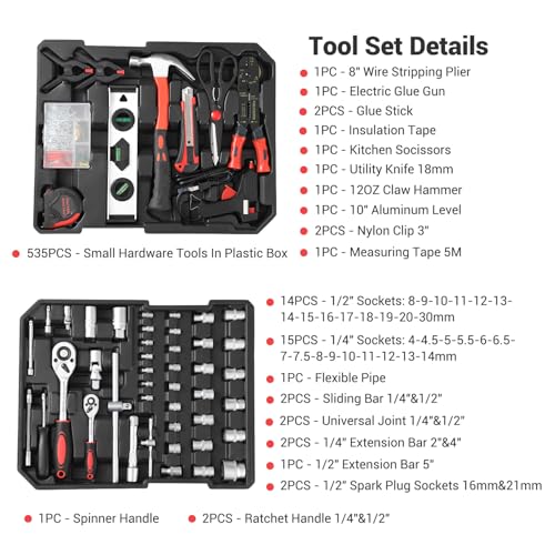 GraveeTech 800pcs Aluminum Trolley Case Tool Set Home Repair Tool Set, General Household Tool Kit w Rolling Tool Box, Toolbox Storage Case w 4 Drawers for Maintenance, Perfect for Homeowner, Handyman