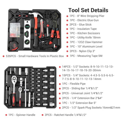 GraveeTech 800pcs Aluminum Trolley Case Tool Set Home Repair Tool Set, General Household Tool Kit w Rolling Tool Box, Toolbox Storage Case w 4 Drawers for Maintenance, Perfect for Homeowner, Handyman