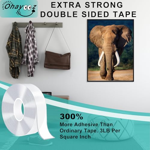 Ohayooz® Extra Strong Double Sided Tape Heavy Duty Removable 10FT, Clear Sticky Adhesive Nano Tape Tough Washable Waterproof Mounting Tape for Hanging Picture, Poster, Carpet, Photo Deco - size: Ohayooz Extra Strong 10 Feet