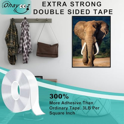 Ohayooz® Extra Strong Double Sided Tape Heavy Duty Removable 30FT, Clear Sticky Adhesive Nano Tape Tough Washable Waterproof Mounting Tape for Hanging Picture, Poster, Carpet, Photo Deco, Pack of 3 - size: 10 Feet Set of 3