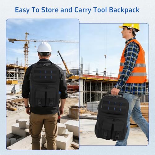Backpack Tool Bag with Movable Base Plate, Heavy Duty Tool Storage with Removable Tool Organizer, Durable Water Resistant for Electricians & Home Repair-Version 4.0- Black&Blue - color: Black&Blue