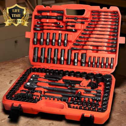 LLNDEI 160-Piece Mechanics Tool Set, Metric Socket Set 1/2 1/4 3/8 inch Drive Professional Tool Kit, CR-V Deep & Shallow Kit with Quick Release Ratchet - size: 160-Piece 1/2" & 3/8" & 1/4" Drive Socket Set
