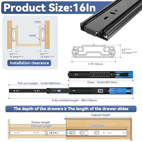 ToBeGreat Push to Open Soft Close Drawer Slides 16 Inch Side Mount Dresser Runner Black,2/3 Full Extension Ball Bearing 100 LB Kitchen Nightstand Glides Rails 1 Pair - color: Black(Push to Open & Soft Close)-1 pair, size: 16 Inch