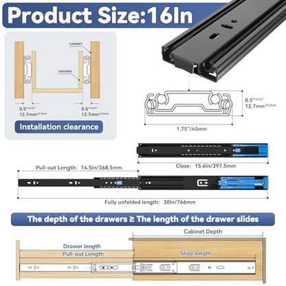 ToBeGreat Push to Open Soft Close Drawer Slides 16 Inch Side Mount Dresser Runner Black,2/3 Full Extension Ball Bearing 100 LB Kitchen Nightstand Glides Rails 1 Pair - color: Black(Push to Open & Soft Close)-1 pair, size: 16 Inch