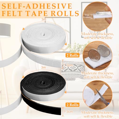 Zonon 4 Rolls 120 Inch Felt Strip with Adhesive Backing Felt Tapes Furniture Strip Rolls Self Stick Heavy Duty Polyester for Protecting Furniture and DIY Adhesive(Black, White,0.5 Inch) - color: Black, White, size: 0.5 Inch