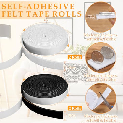 Zonon 4 Rolls 120 Inch Felt Strip with Adhesive Backing Felt Tapes Furniture Strip Rolls Self Stick Heavy Duty Polyester for Protecting Furniture and DIY Adhesive(Black, White,0.5 Inch) - color: Black, White, size: 0.5 Inch