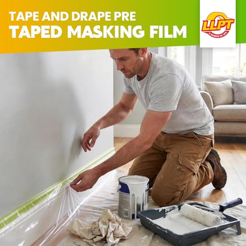 LLPT Tape and Drape 25.6”(Unfolded) x 66 Ft Each 2 Pack Pre-Taped Masking Film 0.31 Mil Painters Plastic Drop Cloth for Auto Wall Furniture Painting Protection (MFTG620) - size: 25.6 Inch X 66 Ft