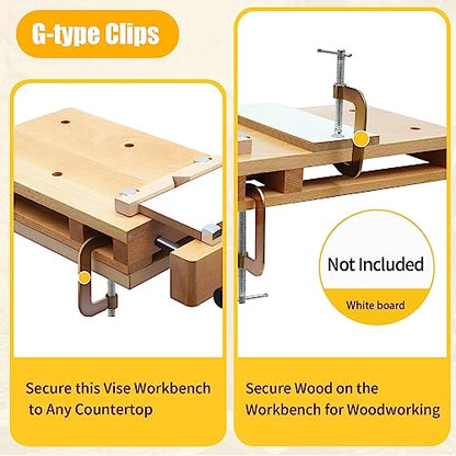 Wooden Workbench,Tabletop Woodworking Smart Vise with Premium Clamps,Household Portable Quick Release Smart Vice with Superior Clamping & G-Holding Clamps for Wood Processing