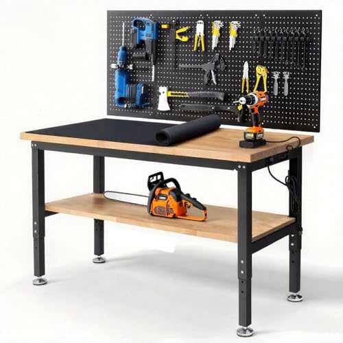 ENJOYWOOD 60" Adjustable Height Workbench with Storage Shelf, Pegboard & Power Outlets, Heavy Duty Rubberwood Work Table for Garage & Workshop - size: Large
