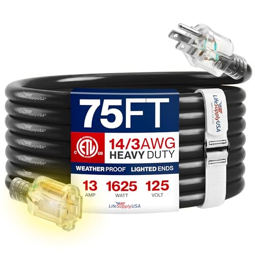 75ft Outdoor/Indoor Extension Cord 14/3 Gauge Heavy Duty 3 Prong SJTW, Waterproof, ETL Listed, Flexible Cold-Resistant Long Power Cord,13A 125V 1625W, Black by LifeSupplyUSA - color: Black, size: 75 FT, style: 14 Gauge (HEAVY DUTY)