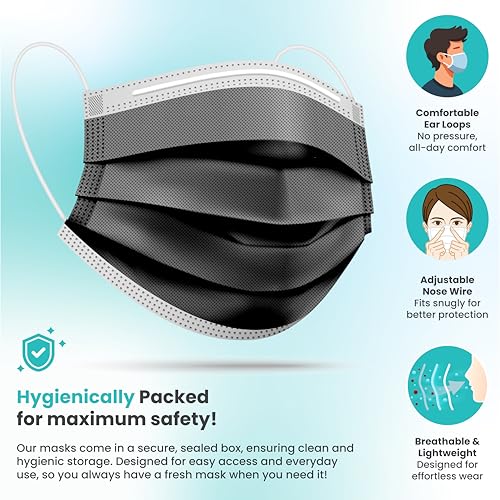 [Pack Of 150] Black Disposable Face Mask, 3-Ply Adult Masks, Facial Cover with Elastic Earloops For Home, Office, School, and Outdoors - style: Pack of 150