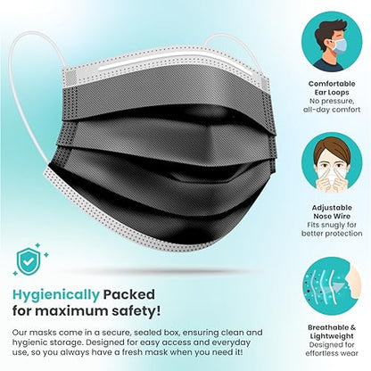 [Pack Of 150] Black Disposable Face Mask, 3-Ply Adult Masks, Facial Cover with Elastic Earloops For Home, Office, School, and Outdoors - style: Pack of 150