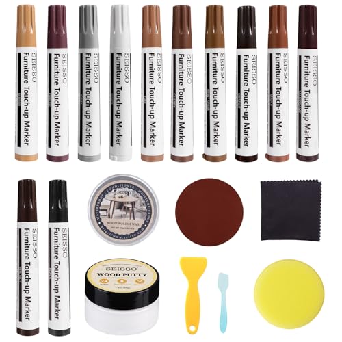 Furniture Touch Up Markers- 12 Colors, 19 Pcs Wood Scratch Repair Kit with Polish Wax and Wood Putty, Repair Wood Marker Pens for Cracks, Scratches, Holes, Stains, Doors, Floors, Tables, Cabinets - size: 12+1 Colors