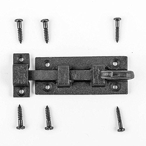 Renovators Supply Manufacturing Black Slide Bolt Door Latch 3 7/8 in. Long Wrought Iron Metal Surface Sliding Bolts with Catch for Cabinet Doors Rust Resistant Security Locks with Hardware Pack of 2 - size: Pack of 2, style: 3.88 inch - Curled Tail