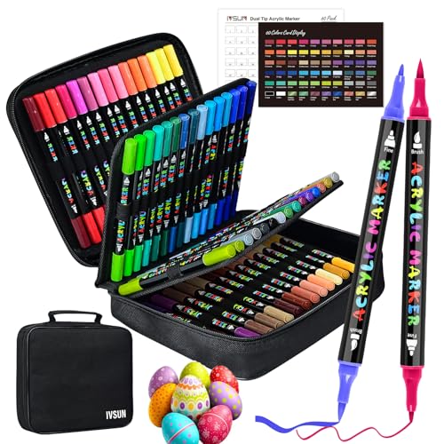 IVSUN Acrylic Paint Pens, 60 Colors Dual Tip Paint Markers with Fine Tip and Brush Tip for Stone, Wood, Canvas, Calligraphy, Ceramic, Metal, Glass, Rock Painting, DIY Crafts Art Supplies Kit - color: 60 Colors