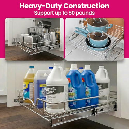 HOLDN’ STORAGE Pull Out Cabinet Organizer, Heavy Duty Caddy w/Lifetime Limited Warranty -14”W x 21”D - Requires At Least 15-1/4” Cabinet Opening, Steel Metal Cabinet Drawers Slide Out, Chrome - size: 14" W x 21" D
