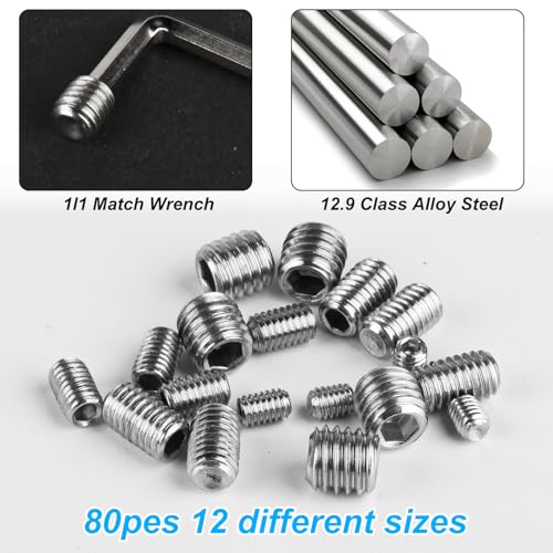 80 pcs Set Screws, Set Screws Assortment Kit, Grub Screws M3 M4 M5 M6 M8 for Home Repair, Repair Furniture, Electronic Product, Install Door Lock, DIY, Fixtures, 12 Sizes - size: 12Size（80pcs Stainless Steel）