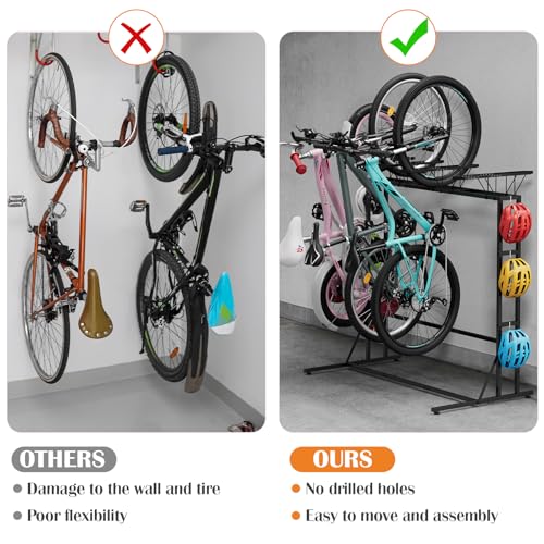 OYEAL Vertical Bike Stand, Free Standing Bike Rack Garage with 6 Hooks, Indoor/Outdoor Floor Bike Storage for 3 Adult Mountain/Road &1 Kids Bikes, Max Tire Width 2.6”, Black