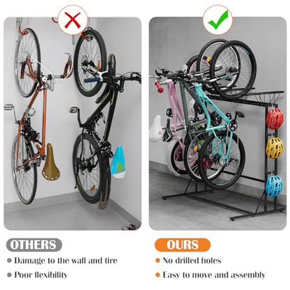 OYEAL Vertical Bike Stand, Free Standing Bike Rack Garage with 6 Hooks, Indoor/Outdoor Floor Bike Storage for 3 Adult Mountain/Road &1 Kids Bikes, Max Tire Width 2.6”, Black