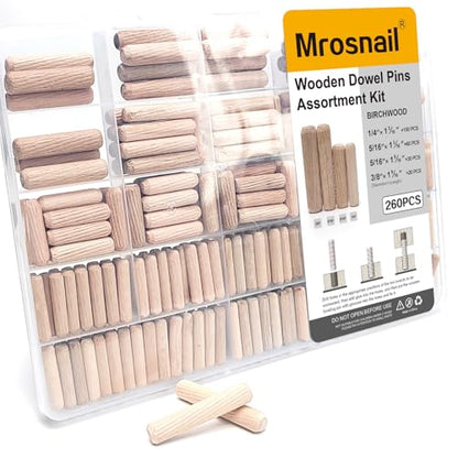 260 Pcs Wooden Dowel Pins in 4 Sizes, 1/4, 5/16, 3/8 inch Fluted Wood Dowels Hardwood Pegs for Table Legs, Wooden Frames, Bookshelves - size: 260PCS MIX