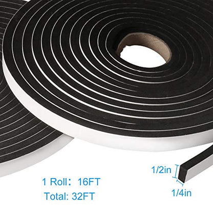 2 Rolls Foam Tape Weatheratrip for Door Window Insulation, Single Sided Foam Strips Adhesive, High Density Foam Seal Tape, Closed Cell Foam Seal Strip Tape(1/2"Wx1/4"Tx32FT, Black) - size: 1/2"W x 1/4"T x 32FT