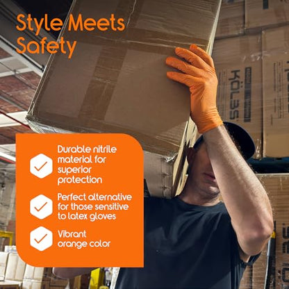 Inspire Heavy Duty Orange Nitrile Gloves | ULTRA 8 Mil Diamond Textured Grip | Industrial Mechanic Disposable Cleaning Gloves - size: Small