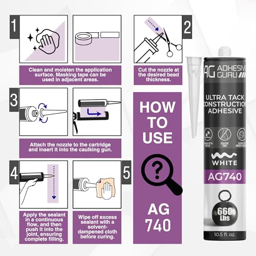 Adhesive Guru AG740 Ultra Tack Hybrid Construction Adhesive (24x10.5 fl oz), Heavy Duty Indoor Outdoor Caulk Sealant, White - 24 Pack - style: 24 Pack