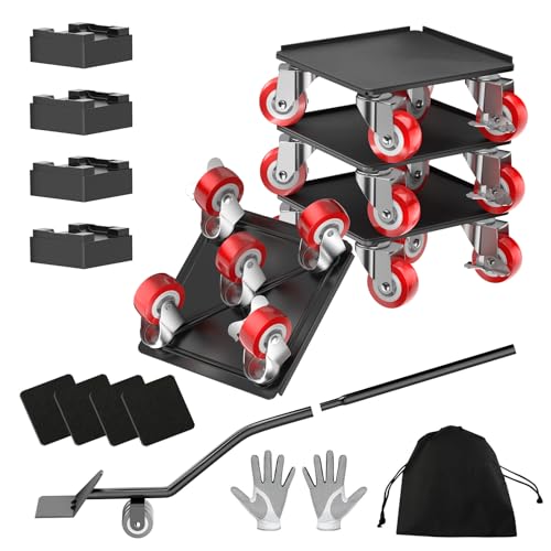 LOYAL TIGER 1500LBS Heavy Duty Furniture Dolly Movers Set with Lifter, 5-Wheel Carbon Steel Moving Rollers with Locking Casters for Refrigerator, Washer, Sofa & Cabinet(5.4 Inch, Red) - color: Red, size: 5.4in