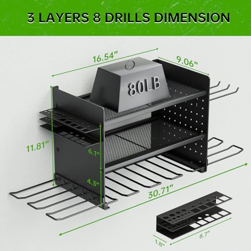 Power Tool Organizer, 3 Layer 8 Drill Holder Wall Mount, Tool Shelf and Storage Rack for Garage Organization, Gifts for Him Men Dad Husband Anniversary Fathers Day, Cool Gadget Stocking Stuffer