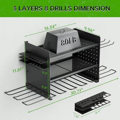 Power Tool Organizer, 3 Layer 8 Drill Holder Wall Mount, Tool Shelf and Storage Rack for Garage Organization, Gifts for Him Men Dad Husband Anniversary Fathers Day, Cool Gadget Stocking Stuffer