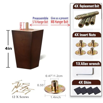 SHANJUE 4 Inch Wood Furniture Legs Set of 4, Square Brown Couch Legs with 5/16" & M8 Bolts for Wide Compatibility, Heavy Duty 1500 Lbs Mid Century Replacement Feet for Sofa, Dresser, Bed & Chair - size: 4 inches