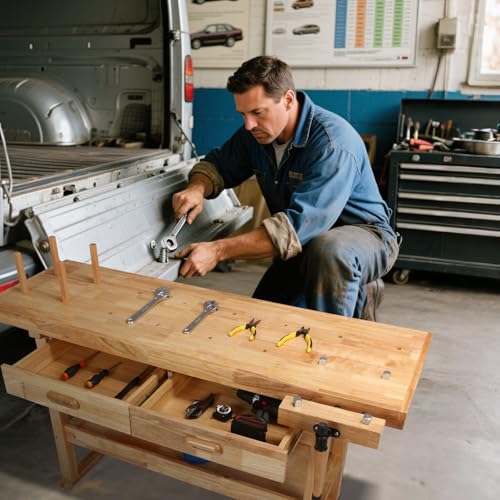 Magshion 60" Rubber Hardwood Work Bench, 500Lbs Load Capacity Heavy Duty Woodworking Table with Solid Oak Vise and Removable Stop Block, Workbench for Garage, Workshop, Home Storage (Natural)