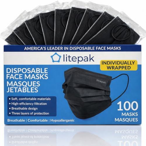 100pcs Premium Individually Wrapped Disposable Face Mask Black Premium Comfort Earloops Nose Wire - color: Black