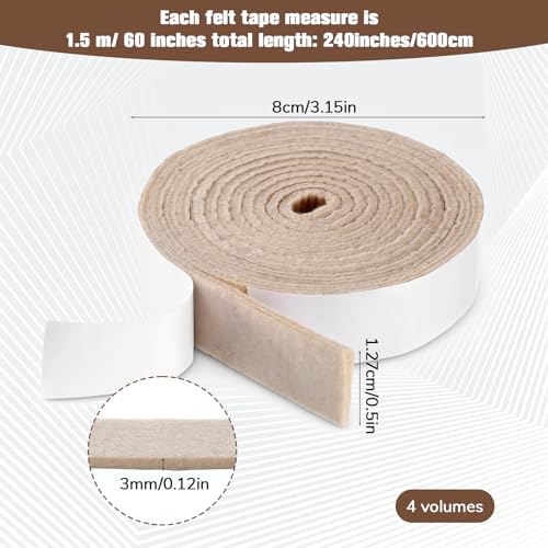 Felt Strips with Adhesive Backing, 4 Rolls 1/2 x 60 Inch Felt Tape Heavy Duty Furniture Pads for Protecting Hardwood Floors, Table Bases, Bookcases, Cabinets, Vases