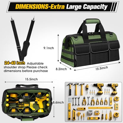 16-Inch Heavy Duty Tool Bag, 19-Pockets Tool Box Organizer, Portable Toolbag W/Soft Handle for Organized Storage, Mechanic Gifts for Men Dad Husband Fathers Day, Wide Mouth Electrician Toolbox, Green - style: Handle-Green