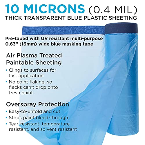 Dura-Gold 43" x 65' Pure Blue Pre-Taped Masking Film - Painters Plastic Roll (0.4 Mil) Pull Down Drop Sheet, Pre-Taped Plastic Sheeting for Painting Protection on Auto, Walls, Furniture - size: 43-inch