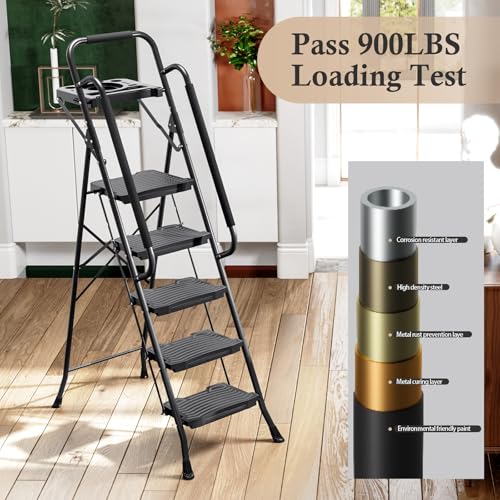 KINGRACK 5 Step Ladder with Tool Platform, 900 lbs Sturdy Step Stool with Handrail, Folding Steel Ladder with Wide Pedal, Safety Ladder for Adults Home Outdoor Painting Garage Office - size: 5-step with tool tray and handrail