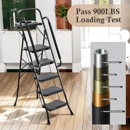 KINGRACK 5 Step Ladder with Tool Platform, 900 lbs Sturdy Step Stool with Handrail, Folding Steel Ladder with Wide Pedal, Safety Ladder for Adults Home Outdoor Painting Garage Office - size: 5-step with tool tray and handrail