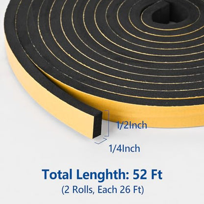Self Adhesive Foam Tape Weatherstrip 1/2in x 1/4in x 52Ft High Density Foam Insulation Strips Foam Seal Weather Stripping with Strong Adhesive for Door and Window Sound Isolation Soundproofing - size: 1/2in x 1/4in x 52Ft