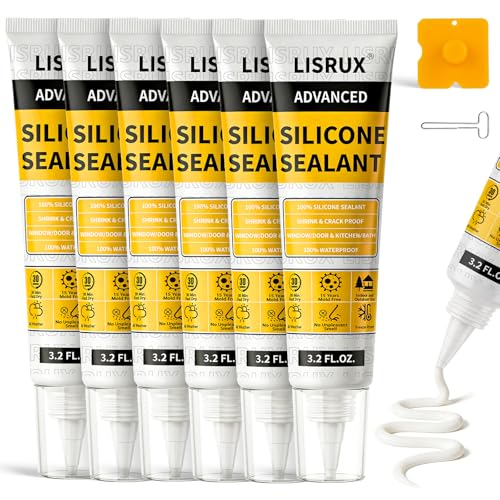 LISRUX Advanced White Silicone Caulk for Kitchen & Bathroom - 6 Pack (3.2 Fl Oz Each) | 100% Waterproof Silicone Sealant | Super Strong Adhesion, Shrink & Crack Proof - size: White-6p