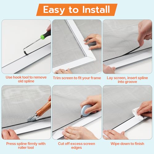 Window Screen Repair Kit, 59"x106" Fiberglass Window Screens for House Windows, Washable Screen Replacement with Rolling Tool Spline Cutter Tape Measure for Windows Patio or Sliding Screen Door - size: 59" x 106"