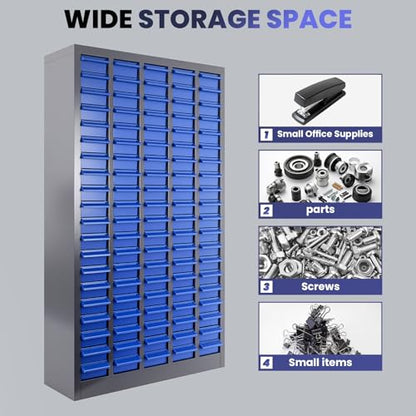 100 Drawer Nut and Bolt Organizer Cabinet, Small Parts Storage Cabinet Bolt Bin with Dividers & Labels, 26"X 9"X 46" Steel Frame Tool Organizer Parts Cabinet for Garage Hardware & Screw Storage - size: 100-Drawer