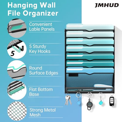 8-Tier Hanging Wall File Organizer with 5 Hooks, Mesh Wall File Holder Vertical Mount Mail Organizer for Papers, Folders, Magazines, Bills, Office and School, Black - size: 8 Tier-Black