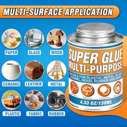 Super Glue with Brush (130ml) - All Purpose Strong Clear Adhesive, Waterproof Superglue Multi-Purpose Glue Gel for Wood, Ceramic, Glass, Leather, Plastic, Rubber, DIY Crafts & Industrial Repairs