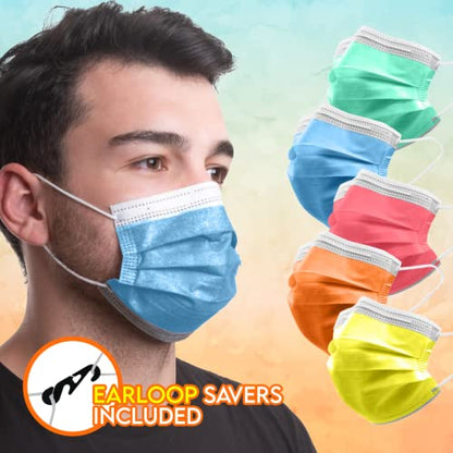 ASTM Level 3 Disposable 4-Ply Face Mask - Made in USA Filtration Efficiency ≥ 98% with Ear Savers (50 Pack, Rainbow Pack)