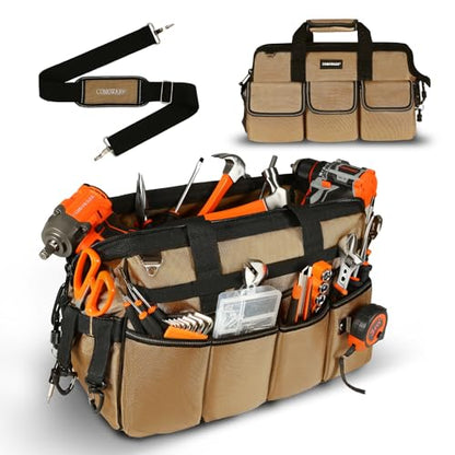 COMOWARE 16" Tool Bag, 19-Pocket Heavy Duty Tool Organizer with Adjustable 51.2" Shoulder Strap, 1680D Oxford Fabric & PVC Coating, Reflective Strips, Tactical Loops, Mechanics, Plumbers, DIY