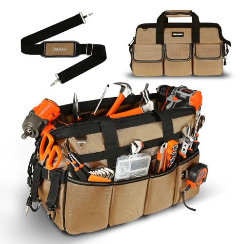 COMOWARE 19-Pocket Tool Bag, 16“ Heavy Duty Tool Organizer with Adjustable 51.2" Shoulder Strap, 1680D Oxford Fabric & PVC Coating, Reflective Strips, Tactical Loops, Mechanics, DIY - color: Khaki