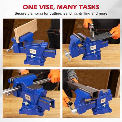 6-Inch Bench Vise with Jaw Pads, Heavy Duty Workbench Vise with Anvil, 360° Swivel Locking Base, 4500 lbs Clamping Force Bench Vice for Woodworking, Drilling, Pipe Cutting - style: 6" New Version + Magnetic Pads